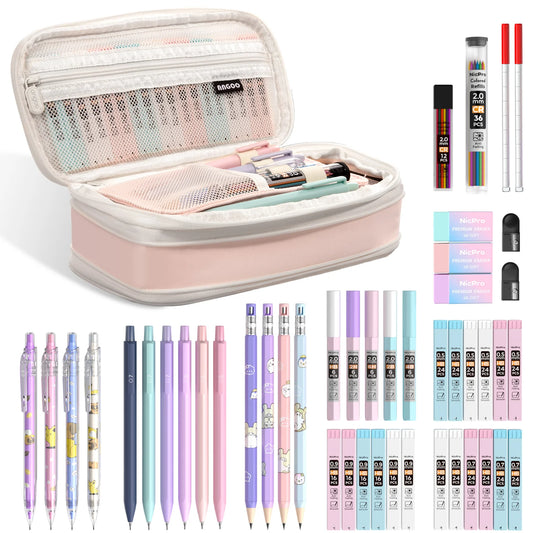47PCS Pastel Mechanical Pencil Set with Big Capacity Pencil Case, Cute Mechanical Pencils 0.5, 0.7, 0.9 & 2Mm Lead Holder with 4B 2B HB 2H Color Lead Refills Eraser for Student Writing Drawing