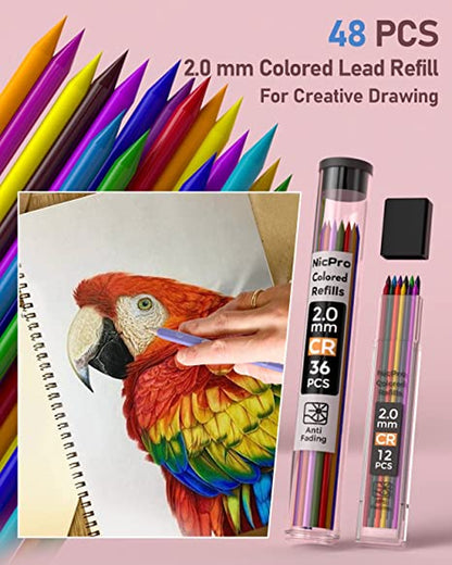 47PCS Pastel Mechanical Pencil Set with Big Capacity Pencil Case, Cute Mechanical Pencils 0.5, 0.7, 0.9 & 2Mm Lead Holder with 4B 2B HB 2H Color Lead Refills Eraser for Student Writing Drawing