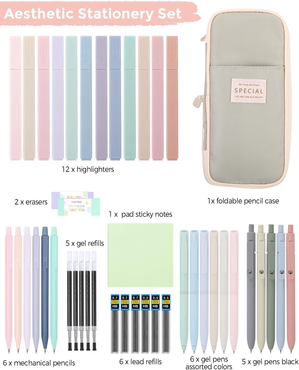 Cute School Supplies 44 PCS, Aesthetic Pencil Case with 12 Pastel Highlighters, 5 Black Gel Pens, 6 Color Gel Pens & Mechanical Pencils, College Essentials Students Stationary Set Green