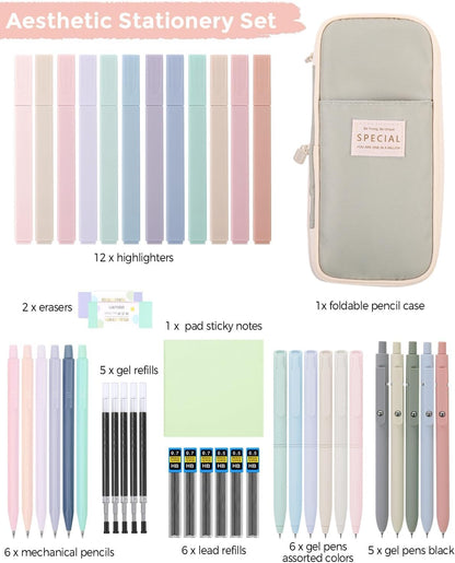 Cute School Supplies 44 PCS, Aesthetic Pencil Case with 12 Pastel Highlighters, 5 Black Gel Pens, 6 Color Gel Pens & Mechanical Pencils, College Essentials Students Stationary Set Green