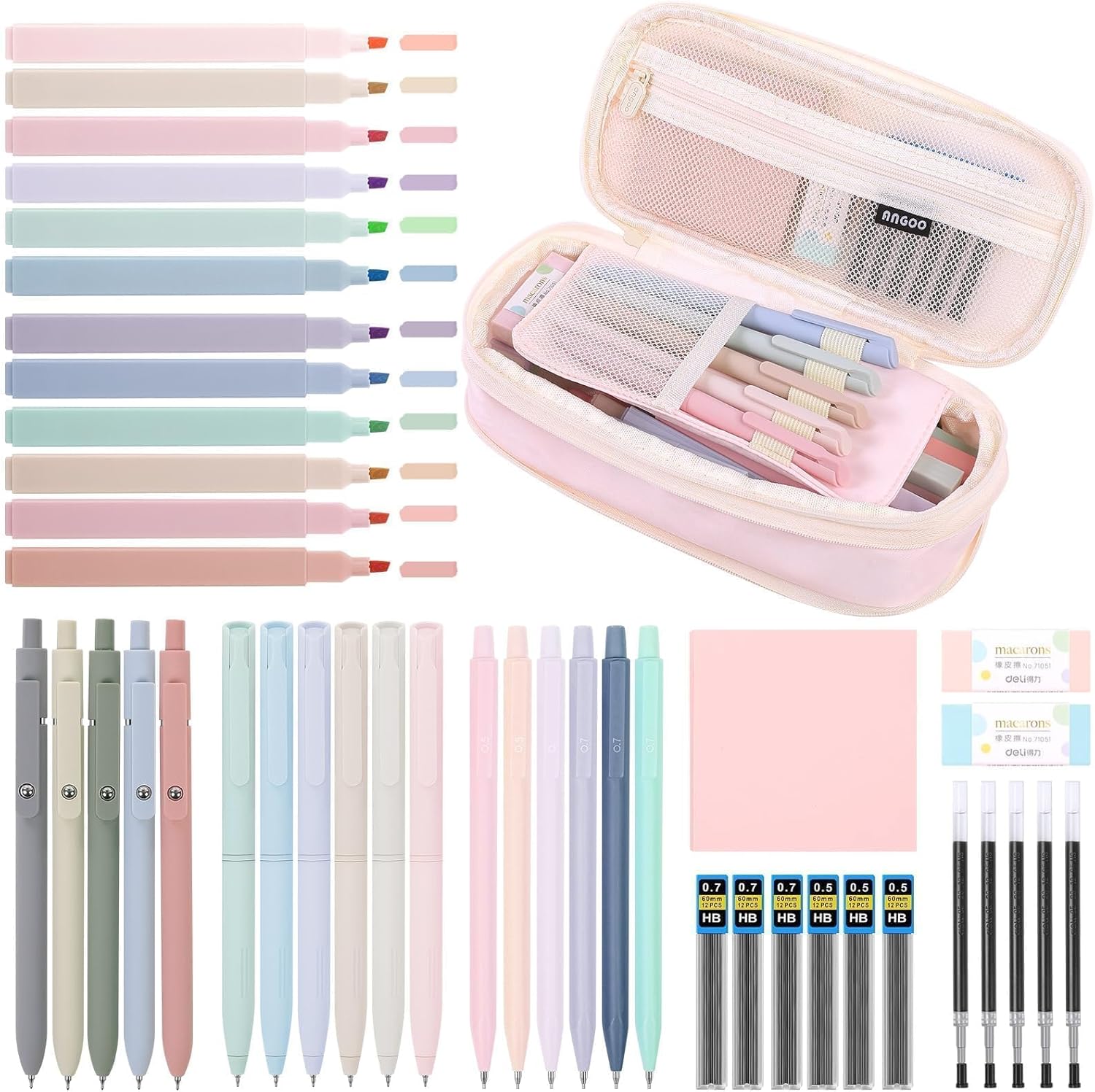 Cute School Supplies 44 PCS, Aesthetic Pencil Case with 12 Pastel Highlighters, 5 Black Gel Pens, 6 Color Gel Pens & Mechanical Pencils, College Essentials Students Stationary Set Green