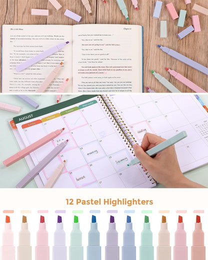 Cute School Supplies 44 PCS, Aesthetic Pencil Case with 12 Pastel Highlighters, 5 Black Gel Pens, 6 Color Gel Pens & Mechanical Pencils, College Essentials Students Stationary Set Green