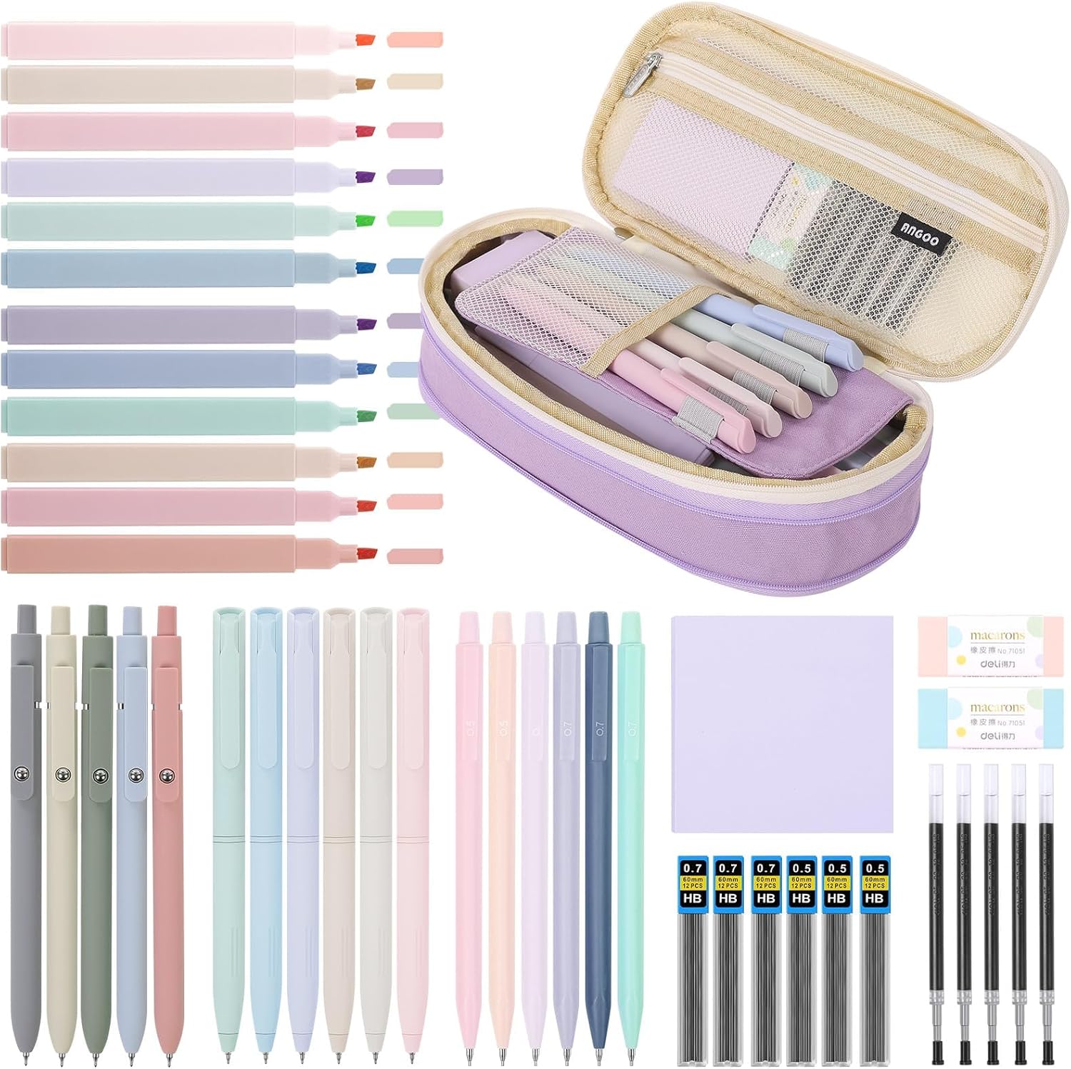 Cute School Supplies 44 PCS, Aesthetic Pencil Case with 12 Pastel Highlighters, 5 Black Gel Pens, 6 Color Gel Pens & Mechanical Pencils, College Essentials Students Stationary Set Green