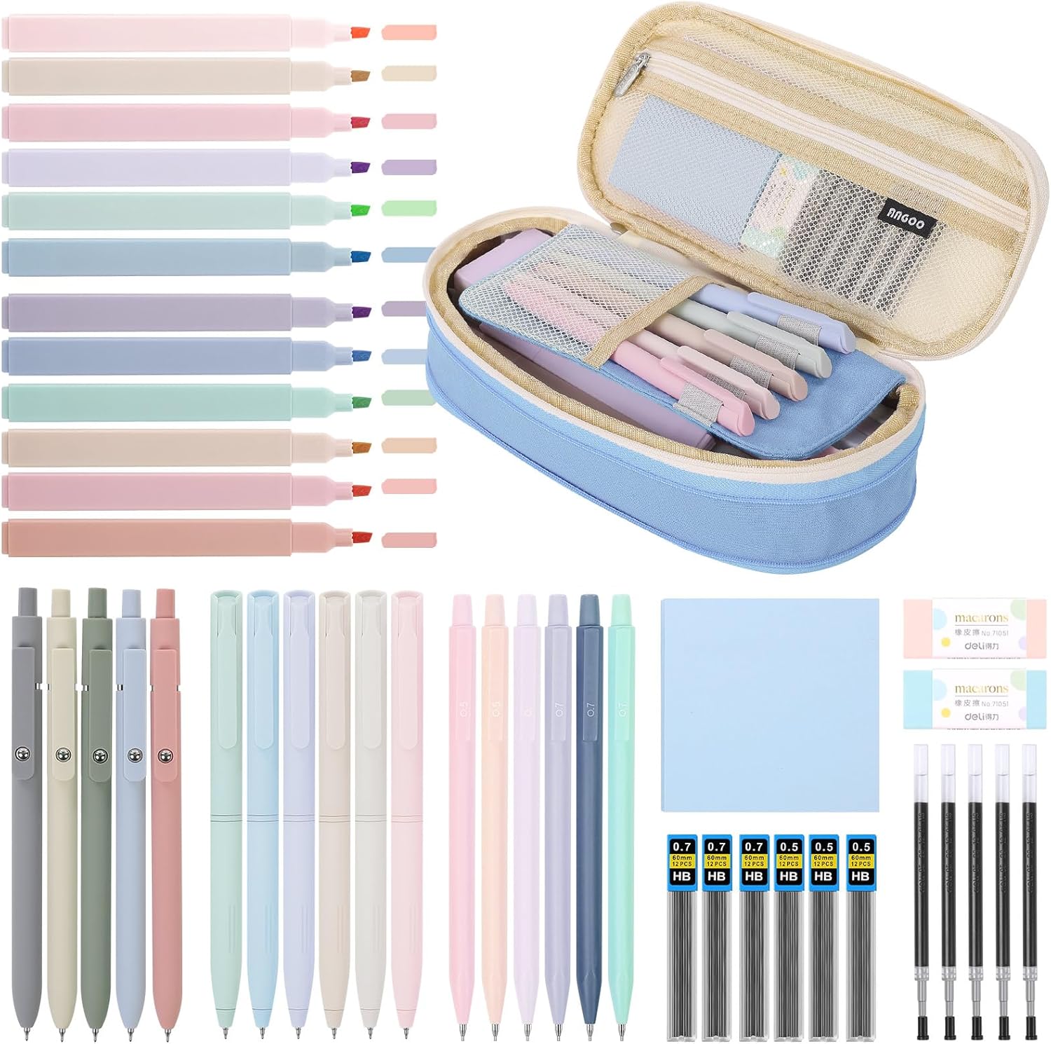 Cute School Supplies 44 PCS, Aesthetic Pencil Case with 12 Pastel Highlighters, 5 Black Gel Pens, 6 Color Gel Pens & Mechanical Pencils, College Essentials Students Stationary Set Green