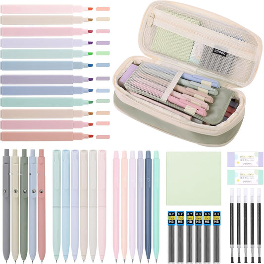 Cute School Supplies 44 PCS, Aesthetic Pencil Case with 12 Pastel Highlighters, 5 Black Gel Pens, 6 Color Gel Pens & Mechanical Pencils, College Essentials Students Stationary Set Green