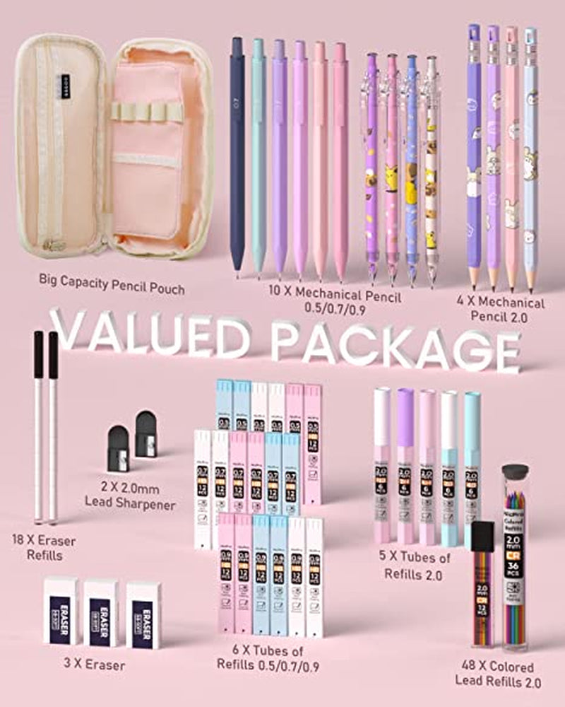 47PCS Pastel Mechanical Pencil Set with Big Capacity Pencil Case, Cute Mechanical Pencils 0.5, 0.7, 0.9 & 2Mm Lead Holder with 4B 2B HB 2H Color Lead Refills Eraser for Student Writing Drawing