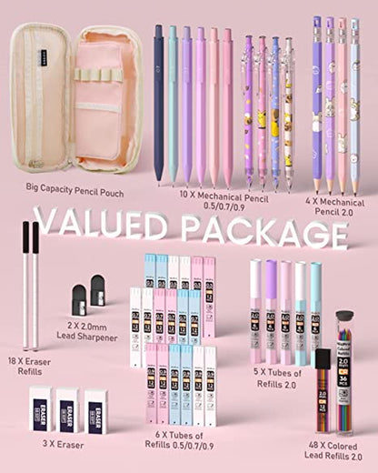 47PCS Pastel Mechanical Pencil Set with Big Capacity Pencil Case, Cute Mechanical Pencils 0.5, 0.7, 0.9 & 2Mm Lead Holder with 4B 2B HB 2H Color Lead Refills Eraser for Student Writing Drawing