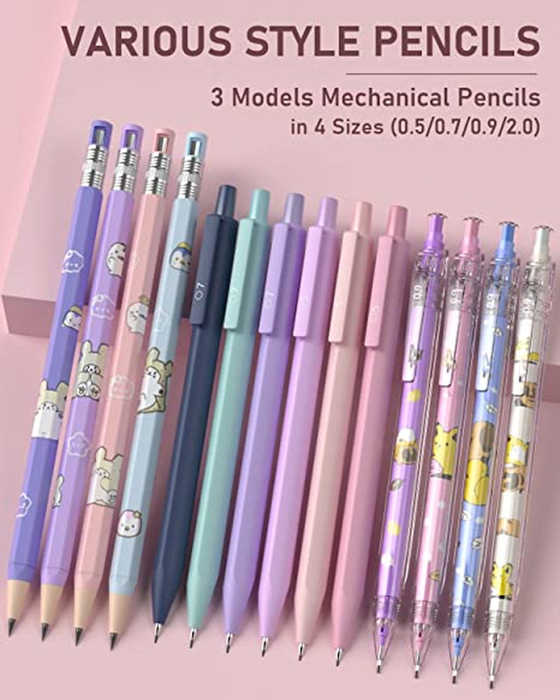47PCS Pastel Mechanical Pencil Set with Big Capacity Pencil Case, Cute Mechanical Pencils 0.5, 0.7, 0.9 & 2Mm Lead Holder with 4B 2B HB 2H Color Lead Refills Eraser for Student Writing Drawing