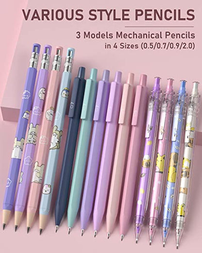 47PCS Pastel Mechanical Pencil Set with Big Capacity Pencil Case, Cute Mechanical Pencils 0.5, 0.7, 0.9 & 2Mm Lead Holder with 4B 2B HB 2H Color Lead Refills Eraser for Student Writing Drawing